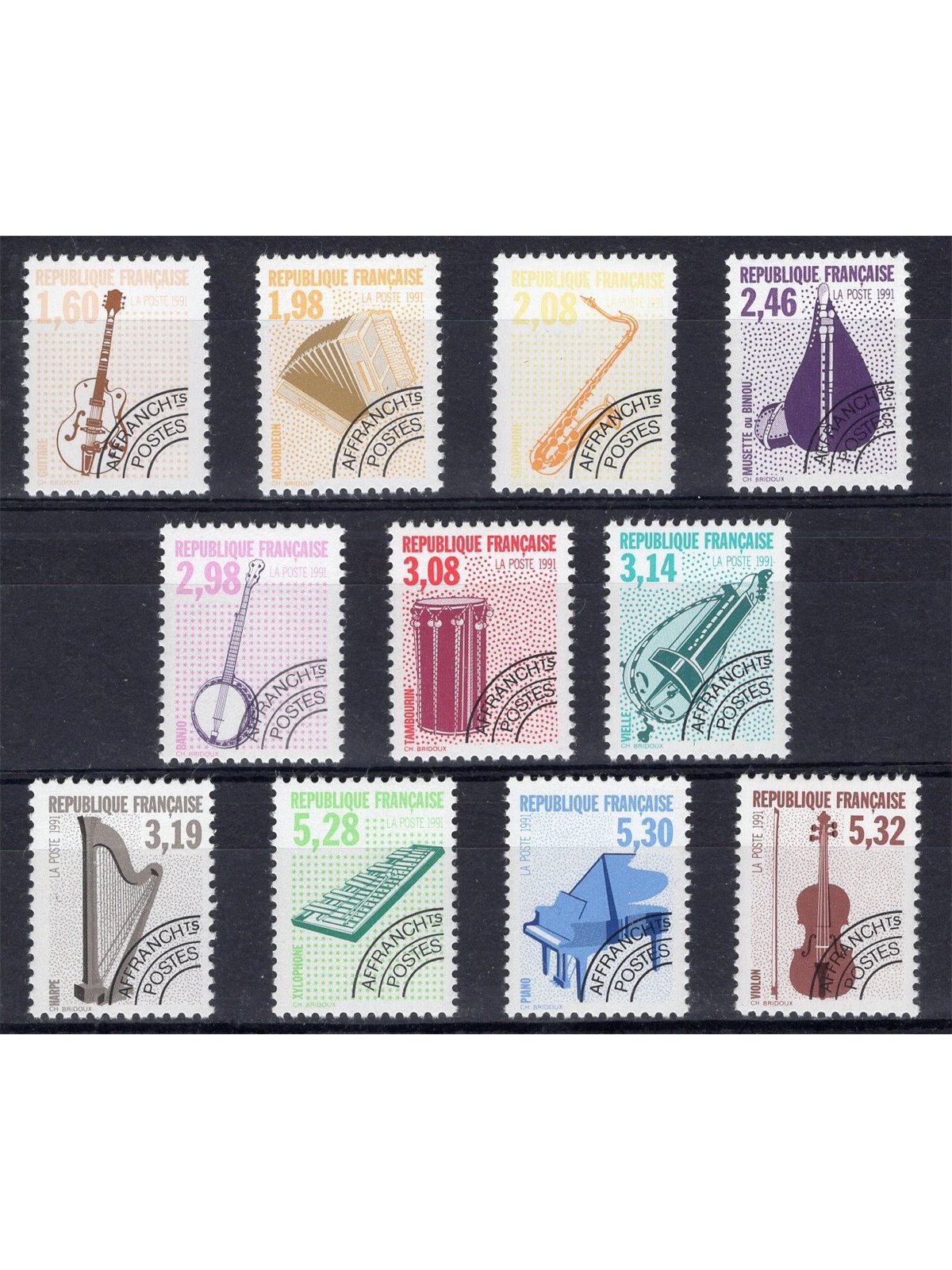 France 1992 Pre-cancelled musical instruments series no. 213/23 Cat. €100 (**)