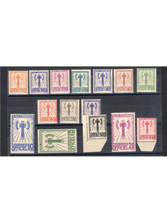 Francia 1943 Servizio non emessi serie n° 1/15. Timbrino Berck per i due alti valori (70 c. e 1 fr.) Cert. Biondi Cat. € 3.100