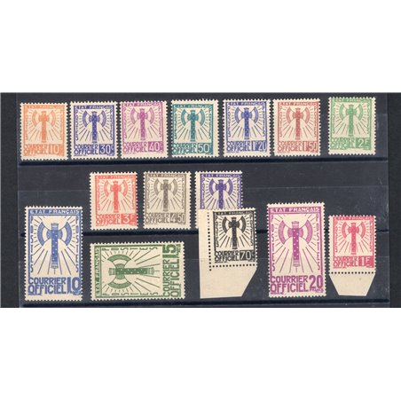 Francia 1943 Servizio non emessi serie n° 1/15. Timbrino Berck per i due alti valori (70 c. e 1 fr.) Cert. Biondi Cat. € 3.100
