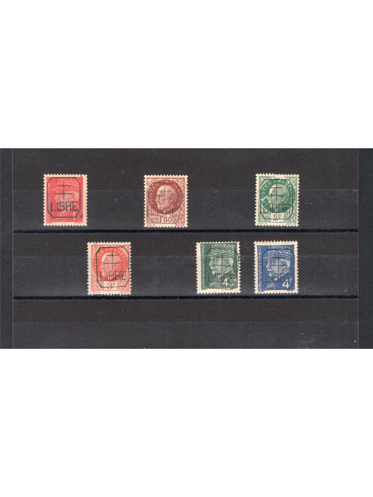 Francia 1944 Creuse (Measnes) Francobolli del maresciallo Petain con soprast. “LIBRE” e croce in nero in un ottagono serie n° 1/