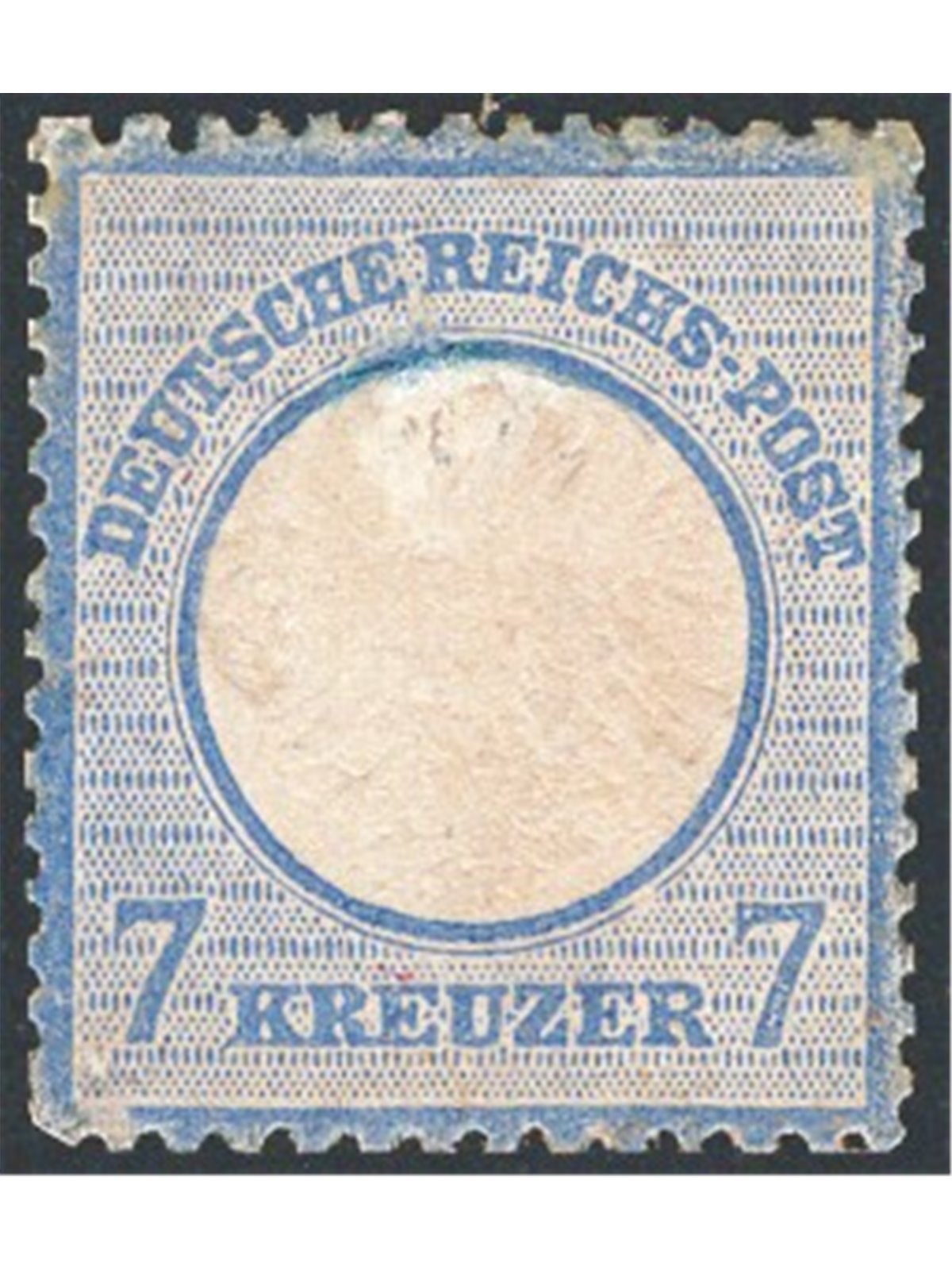German Reich 1872 Eagle in relief within a circle with a small shield above the eagle 7 k. light blue no. 7. Signed ‘AD ED.’ Cer