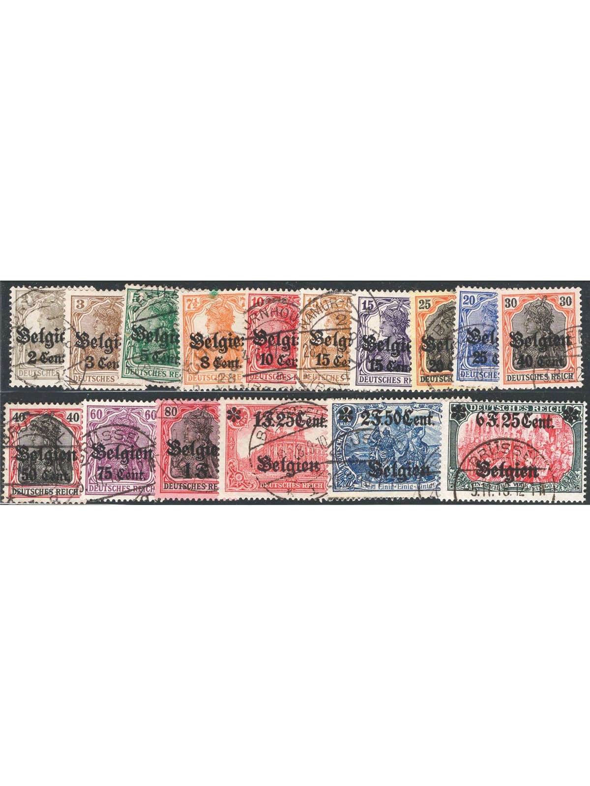 Belgium 1916/18 German stamps with ‘Belgien’ overprint and new denominations no. 10/25 Cat. €140 (U)