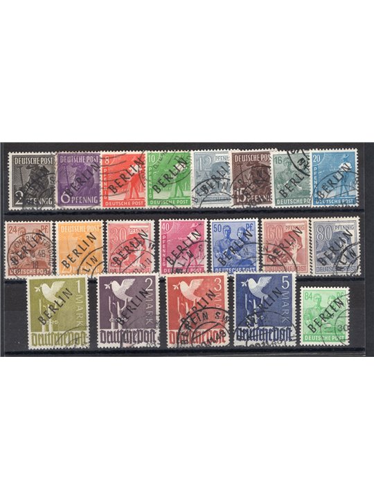 Berlin 1948 AIS zone stamps overprinted “Berlin” in black nos. 1A/20A. Apicella certificate Cat. €3,300 (U)