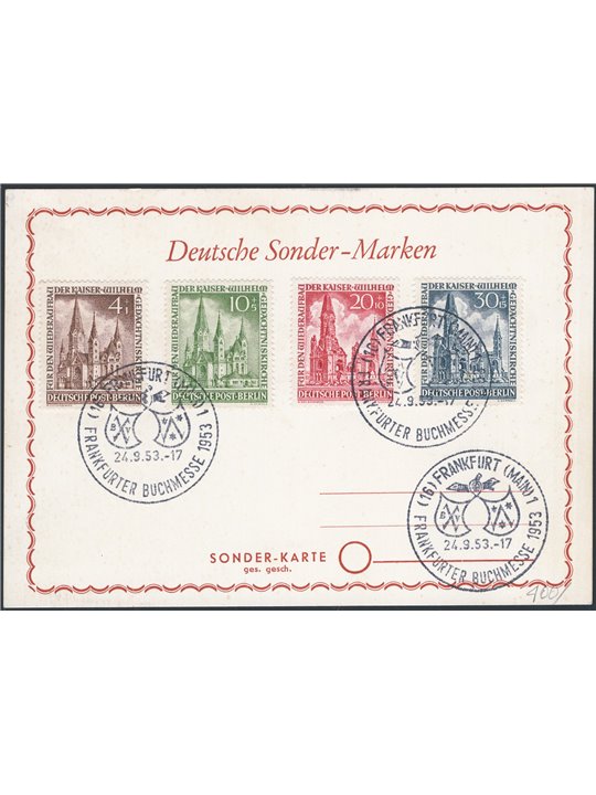 Berlino 24/9/1953 Chiesa a ricordo dell'imperatore Guglielmo serie n° 92/95 su cartolina annullata con timbri commemorativi dell