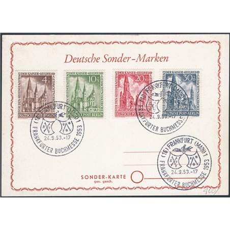 Berlin 24/9/1953 Church in memory of Emperor Wilhelm series no. 92/95 on a postcard cancelled with commemorative stamps marking 