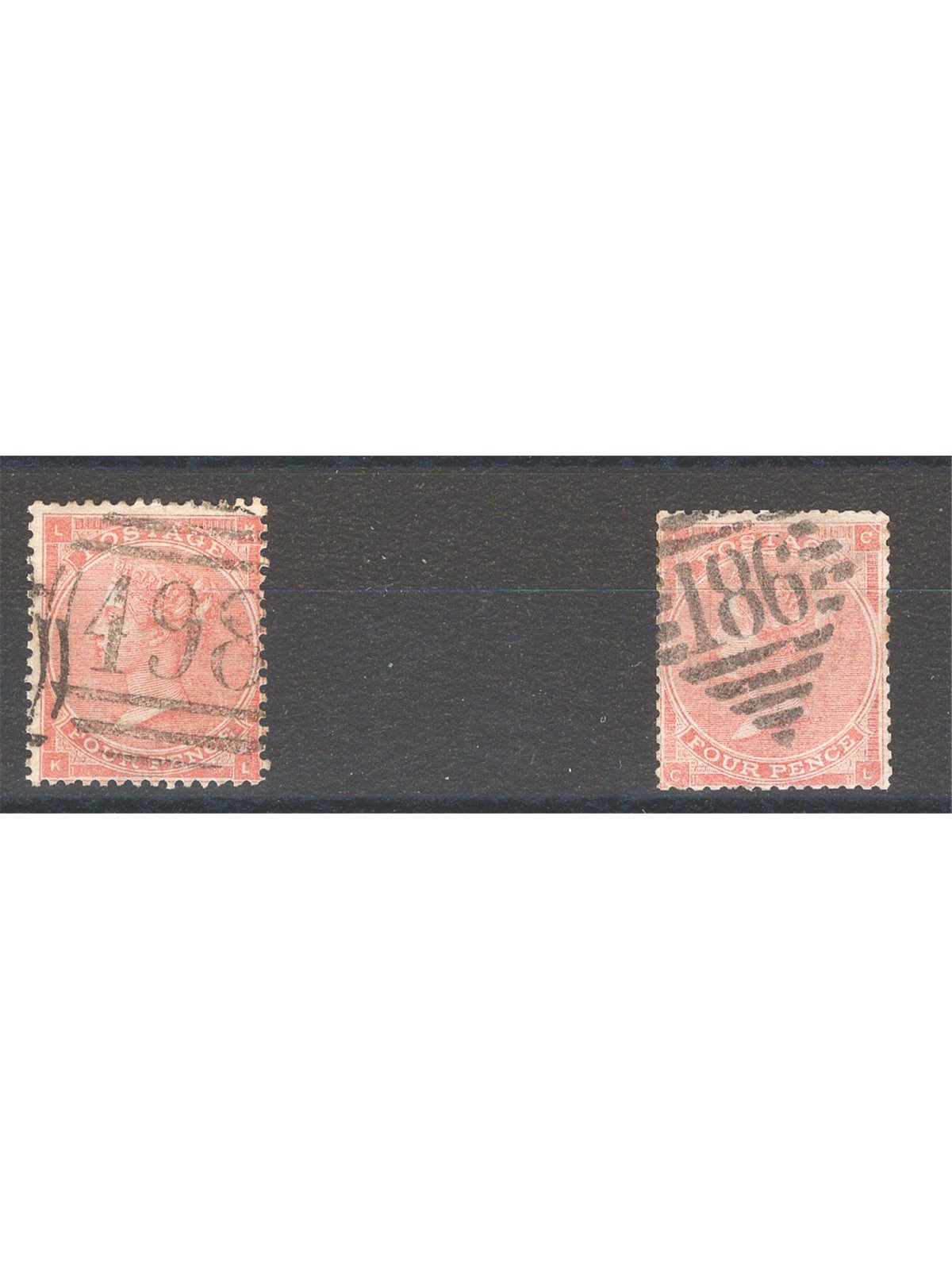 Gran Bretagna 1862 Regina Vittoria 4 p. arancio filigrana grande giarrettiera le due tavole note (3-4) n° 25 Cat. € 175 (U)