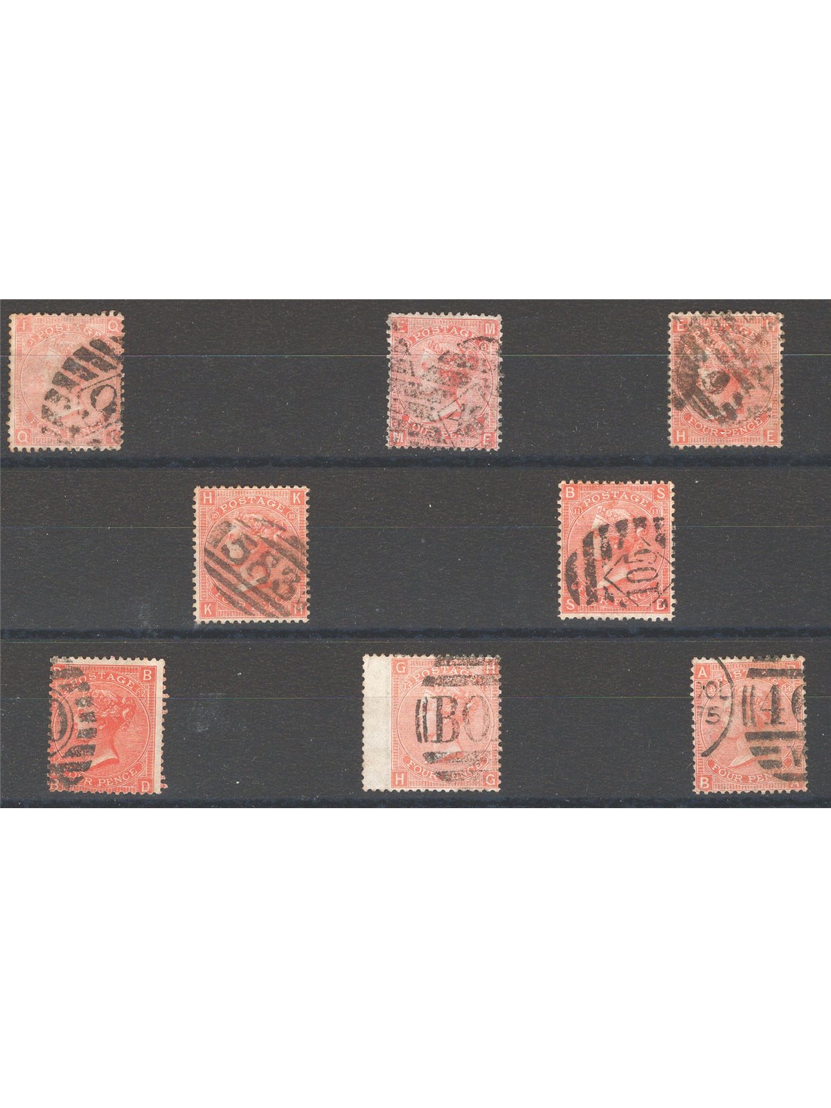 Great Britain 1865 Queen Victoria 4p orange-red the collection of the 8 known plates no. 32 Cat. €535 (U)