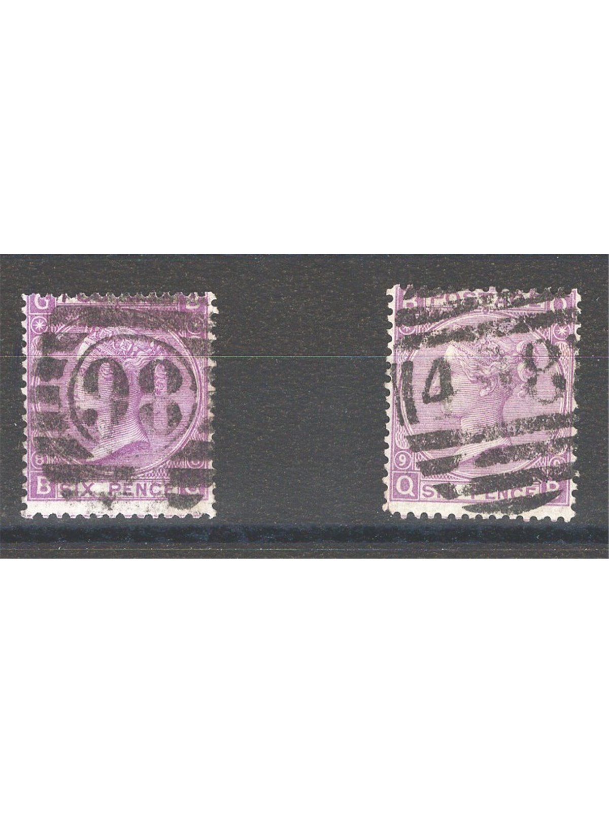 Great Britain 1869 Queen Victoria 6p violet the two plates (8–9) no. 34A Cat. €210 (U)