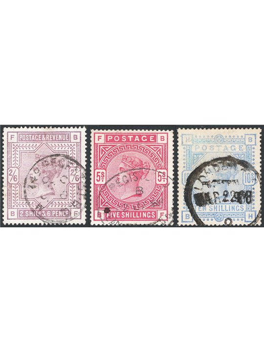 Gran Bretagna 1883/84 Regina Vittoria alti valori serie n° 86/88 Cert. CiBaFil Cat. € 900 (U)