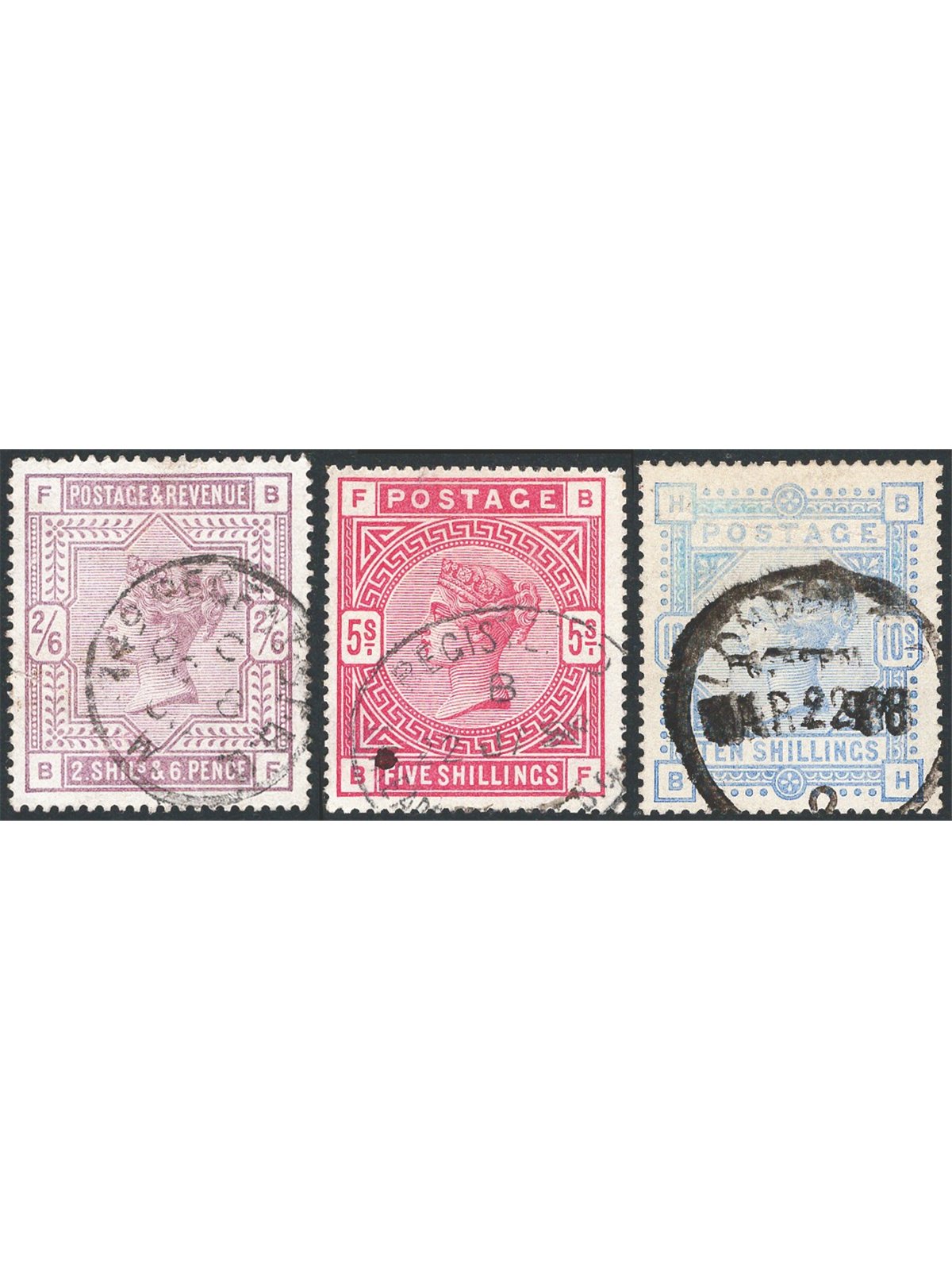 Great Britain 1883/84 Queen Victoria high-value stamps series nos. 86/88. CiBaFil Cert Cat. €900 (U)