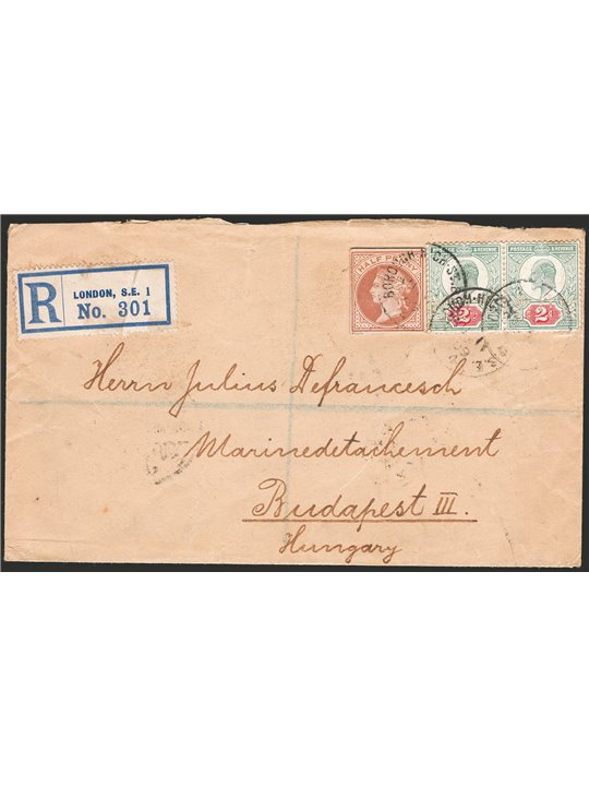 Gran Bretagna 11/8/1909 Lettera raccomandata da Londra per Budapest affrancata con ritaglio del ½ p. dell'intero postale di Vitt