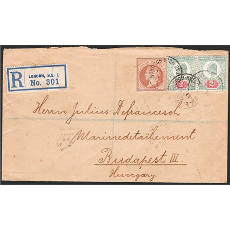 Great Britain 11 August 1909 Registered letter from London to Budapest franked with a ½ p. cut-off from the Victoria postal stat