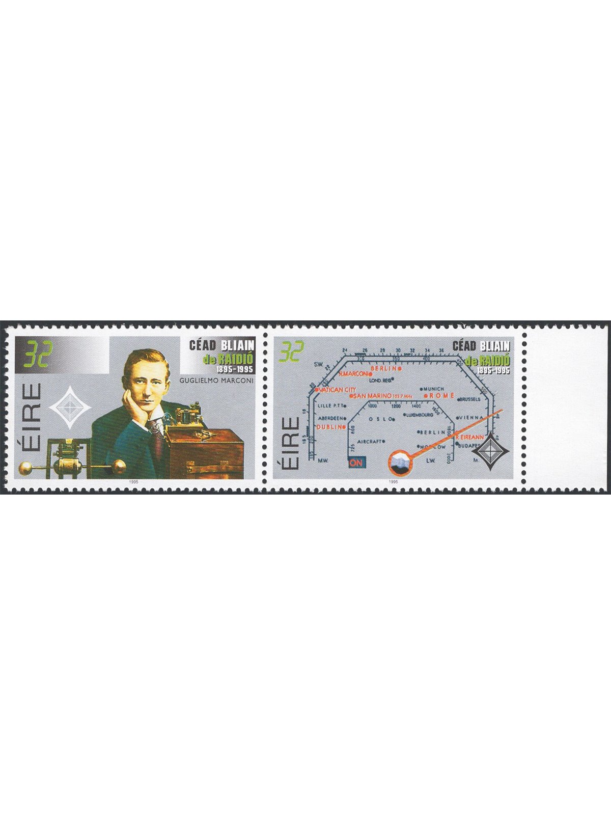 Irlanda 1995 Centenario della Radio serie n° 906/7 in coppia orizzontale Cat. € 65 (**)