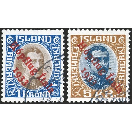 Iceland 1933 First Issue North Atlantic Cruise 1 k. and 5 k. with original Reykjavik cancellations nos. 12/13. Vossen stamp. Bio