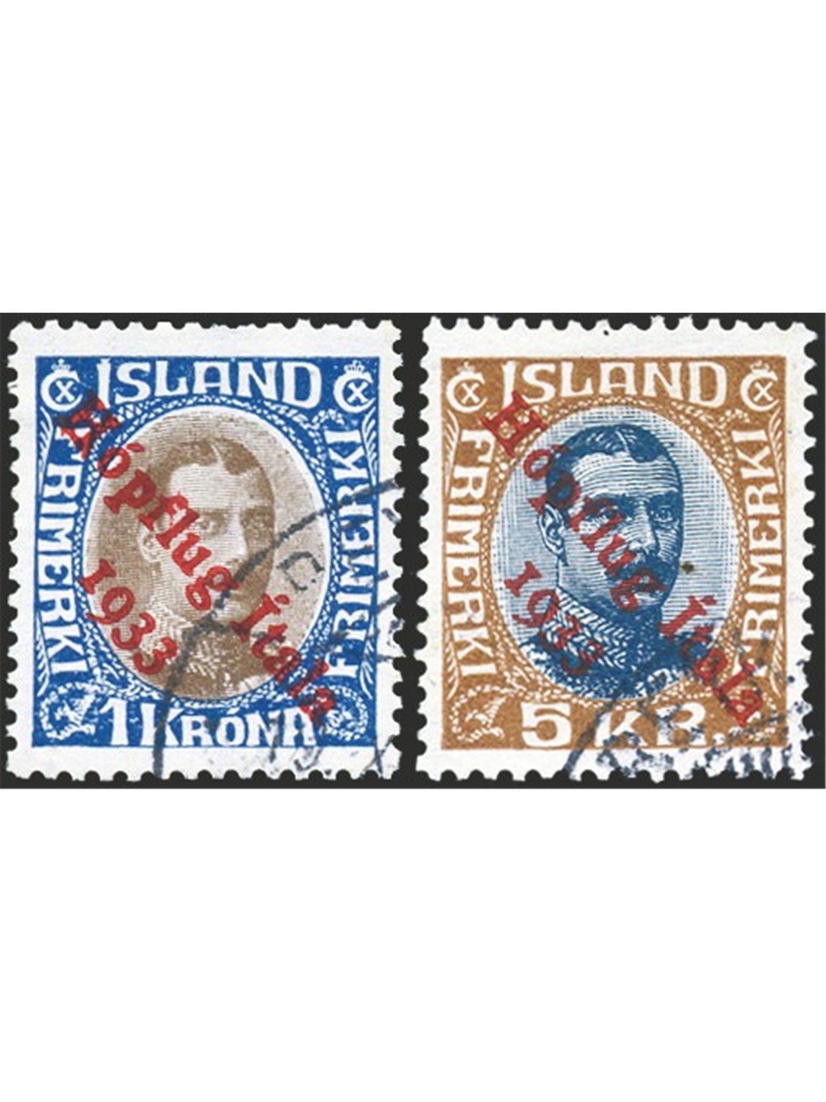Iceland 1933 First Issue North Atlantic Cruise 1 k. and 5 k. with original Reykjavik cancellations nos. 12/13. Vossen stamp. Bio
