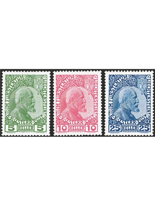 Liechtenstein 1912 Prince John II series no. 1/3 on glossy paper. CiBaFil certificate Cat. €880 (**)