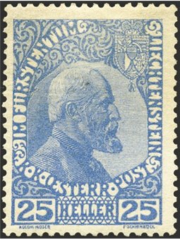 Liechtenstein 1915 Principe Giovanni II 25 h oltremare su carta ordinaria opaca n° 3b Cert. Biondi Cat. € 1.600 (**)