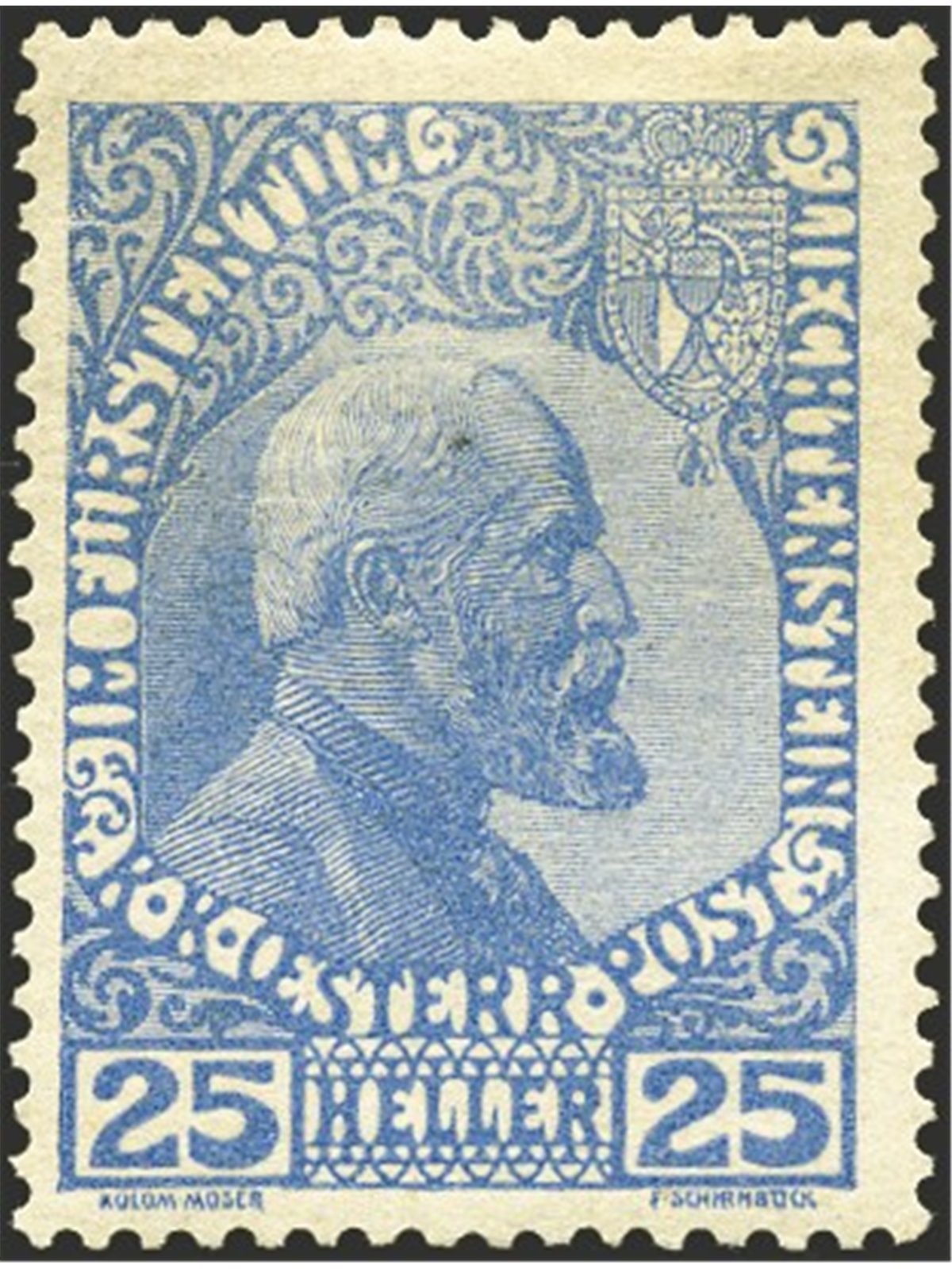 Liechtenstein 1915 Prince John II 25 h ultramarine on ordinary matt paper No. 3b Certified by Biondi Catalogue price €1,600 (**)