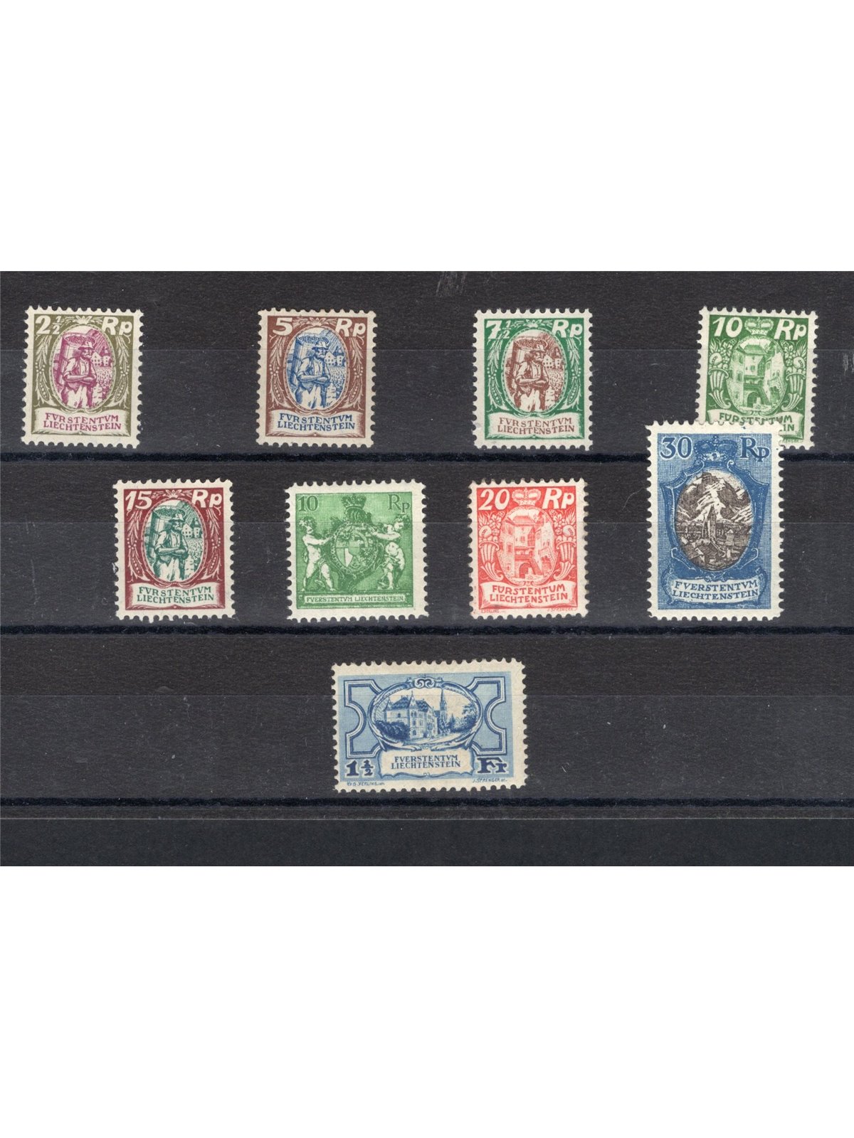 Liechtenstein 1924/27 Various subjects series no. 63/71. Signed ‘Chia’ Cat. €720 (**)