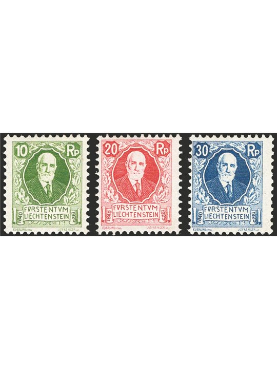 Liechtenstein 1925 85° Compleanno del principe Giovanni II serie n° 72/74 Cat. € 230 (**)