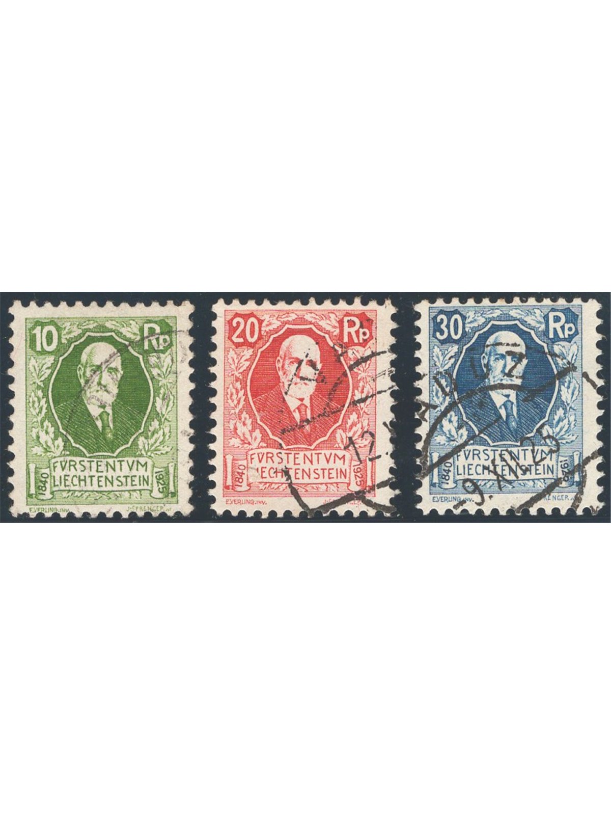 Liechtenstein 1925 85th Birthday of Prince John II series no. 72/74 Cat. €50 (U)