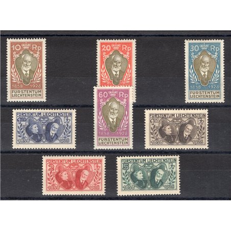 Liechtenstein 1928 70° Anniv. dell'Avvento del Principe Giovanni II n° 82/89. Firm. Chia ed altro Cert. CiBaFil Cat. € 1.150 (**
