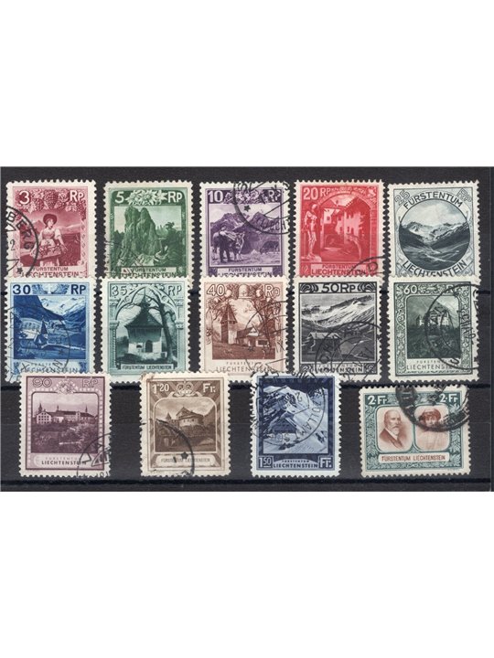 Liechtenstein 1930 Soggetti diversi e vedute serie n° 94/107 Cert. Biondi Cat. € 800 (U)
