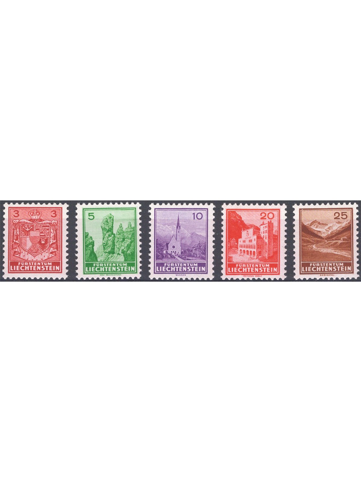 Liechtenstein 1934 Stemma e vedute serie n° 123/27 Cat. € 135 (**)