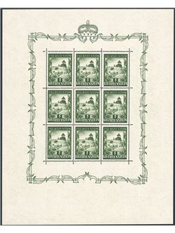 Liechtenstein 1952 9-stamp mini-sheet Vaduz Castle 5 fr. green no. 272. Signed ED Certified by CiBaFil Cat. € 2,800 (**)