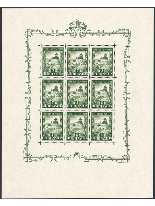 Liechtenstein 1952 9-stamp mini-sheet Vaduz Castle 5 fr. green no. 272. Signed ED Certified by CiBaFil Cat. € 2,800 (**)