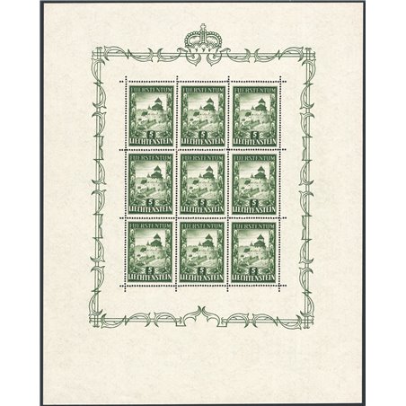 Liechtenstein 1952 9-stamp mini-sheet Vaduz Castle 5 fr. green no. 272. Signed ED Certified by CiBaFil Cat. € 2,800 (**)