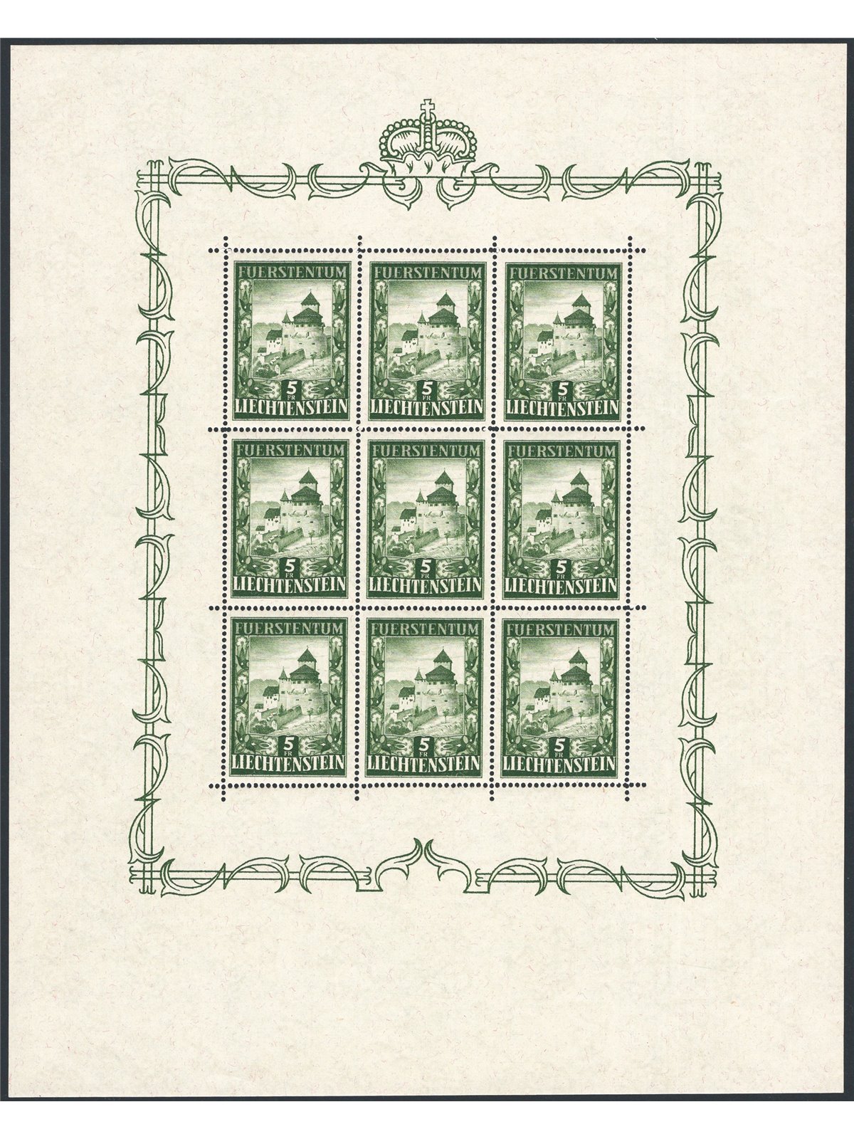 Liechtenstein 1952 9-stamp mini-sheet Vaduz Castle 5 fr. green no. 272. Signed ED Certified by CiBaFil Cat. € 2,800 (**)
