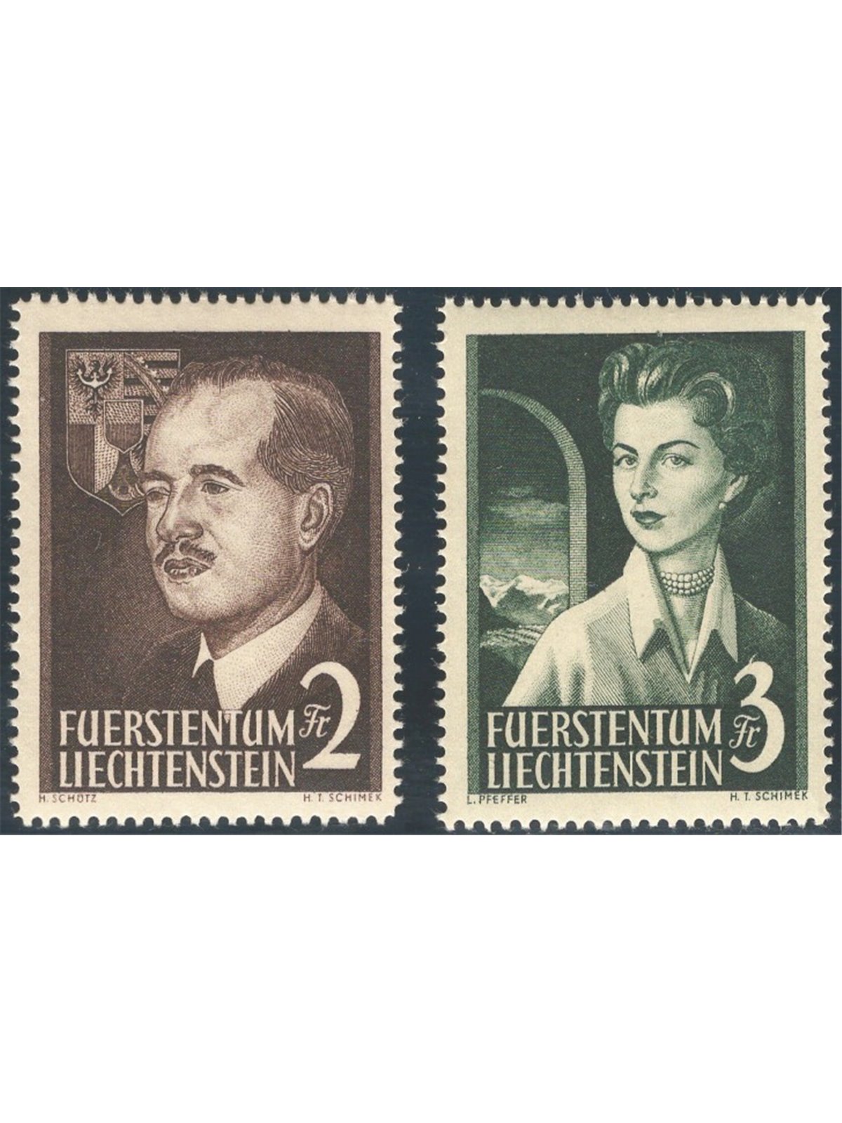 Liechtenstein 1955 Effigie dei principi serie n° 294/95 Cat. € 240 (**)