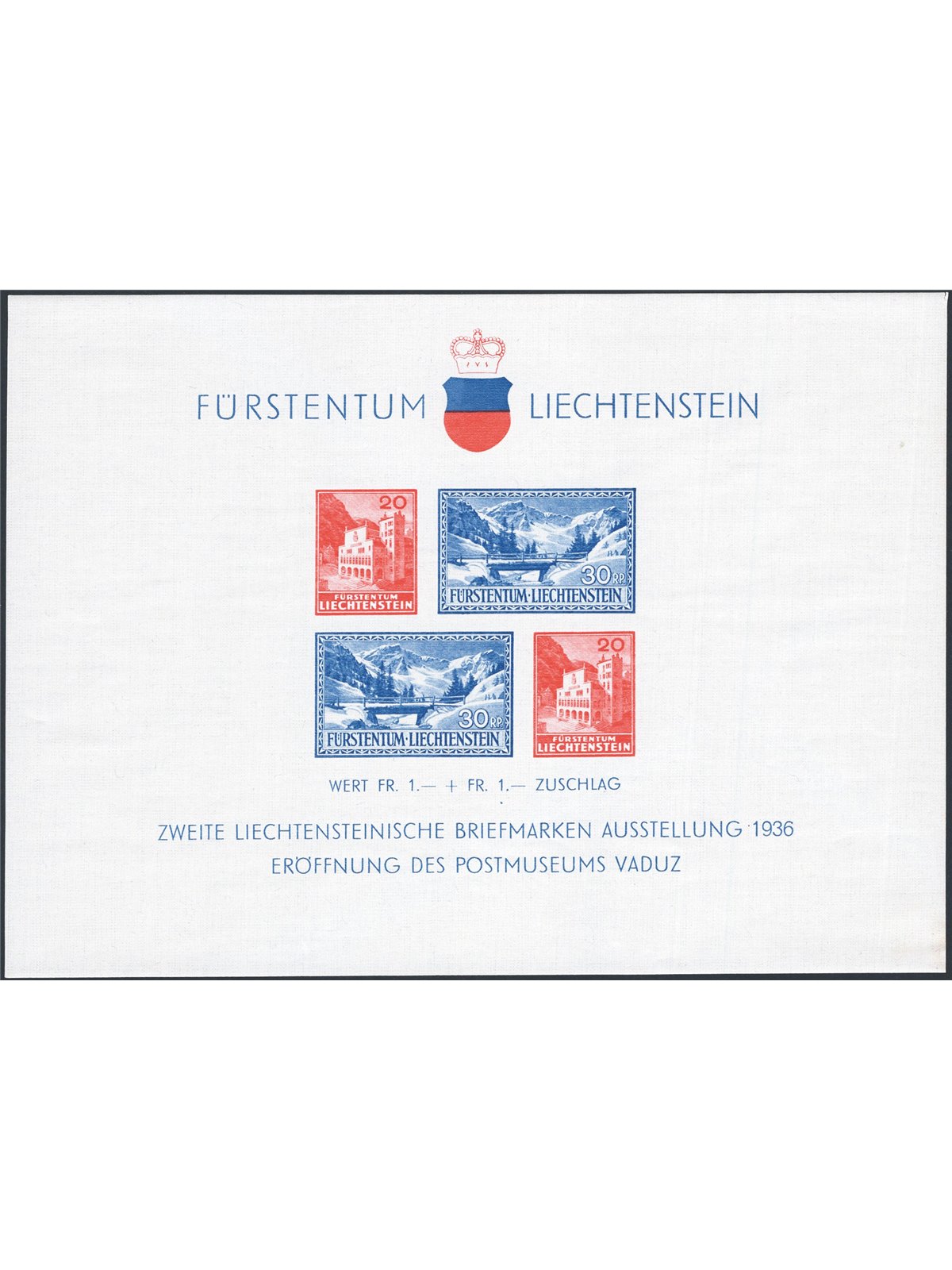 Liechtenstein 1936 BF II Expo Filatelia di Vaduz n° 2 Cat. € 80 (**)