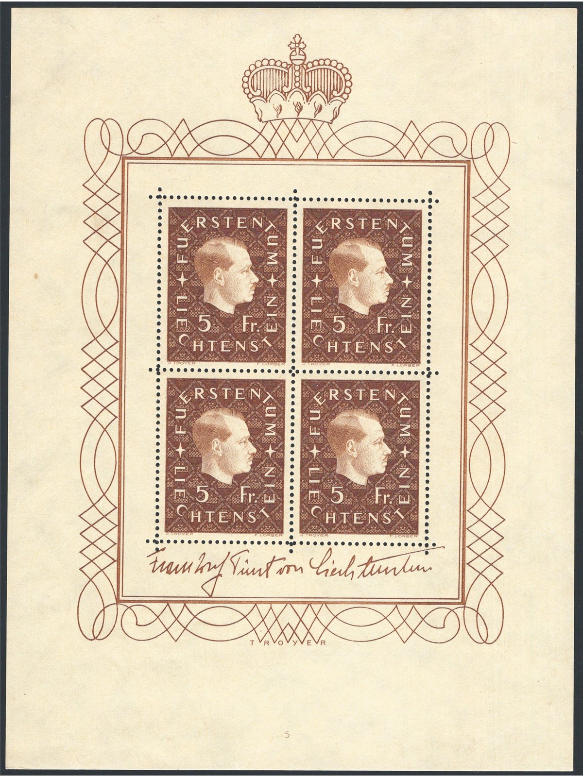 Liechtenstein 1939 BF IV Vaduz Philatelic Exhibition no. 4 Cat. €200 (**)