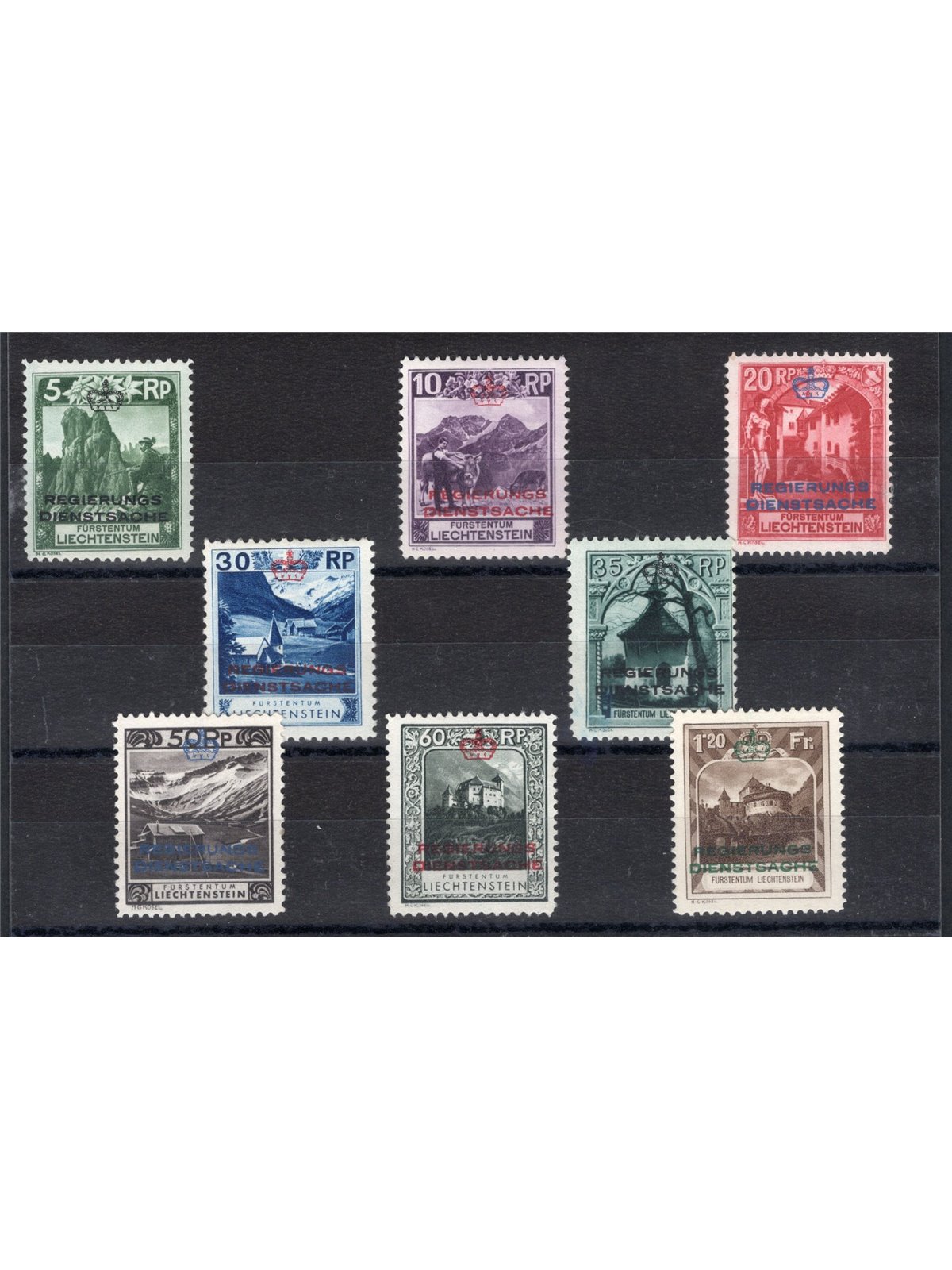 Liechtenstein 1932 1930 Scenery Series overprinted “Regierungs Dienstsache” and crown the most common perforations series no. 1/