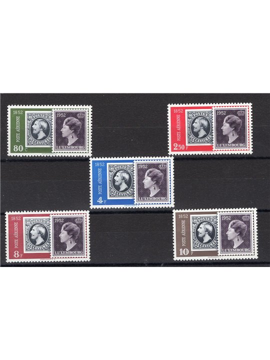 Lussemburgo 1952 P.A. Centenario del Francobollo serie n° 16/20 Cat. € 110 (**)
