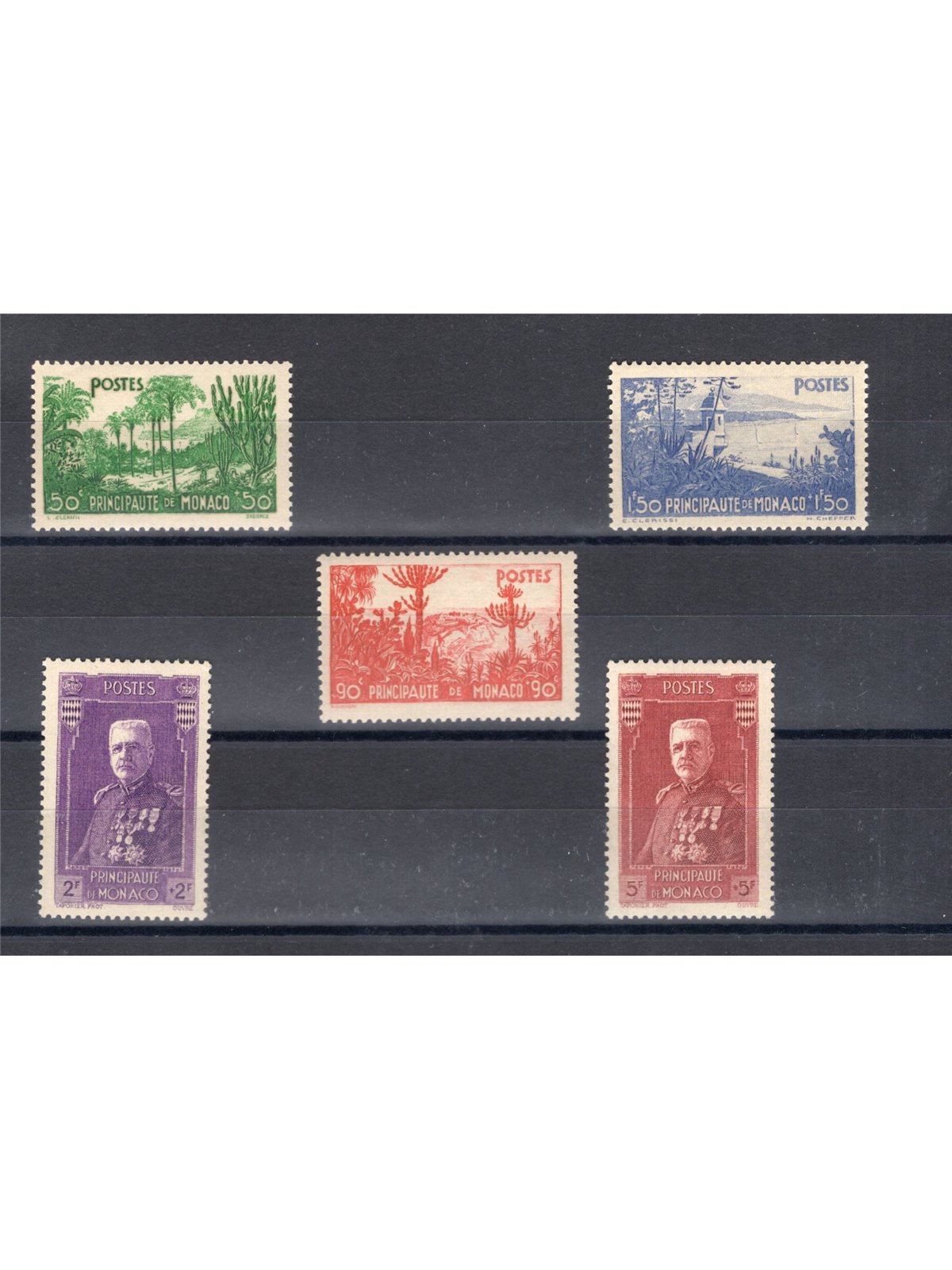 Monaco 1937 Giardini e Principe Luigi II serie n° 135/39 Cert. CiBaFil Cat. € 310 (**)