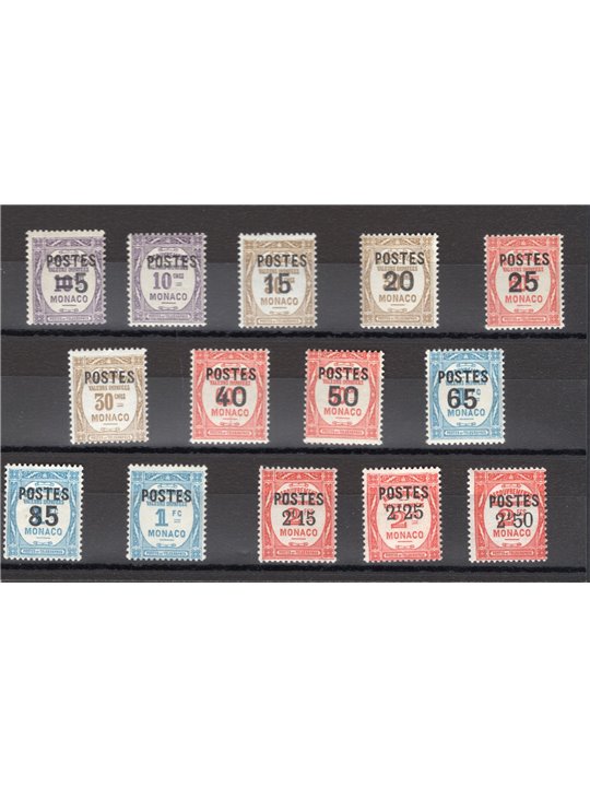 Monaco 1937 Segnatasse soprast. "Postes" e nuovo valore n° 140/52A Cat. € 200 (**)
