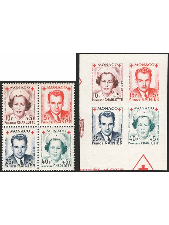 Monaco 1949 Croce Rossa i due blocchi dent. e non dent. serie n° 334/37 Cat. € 70 (**)