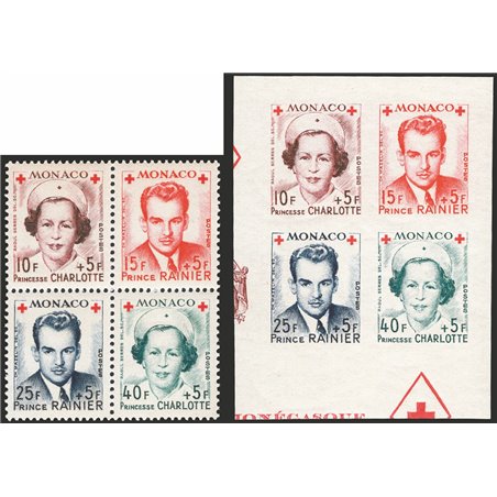 Monaco 1949 Croce Rossa i due blocchi dent. e non dent. serie n° 334/37 Cat. € 70 (**)
