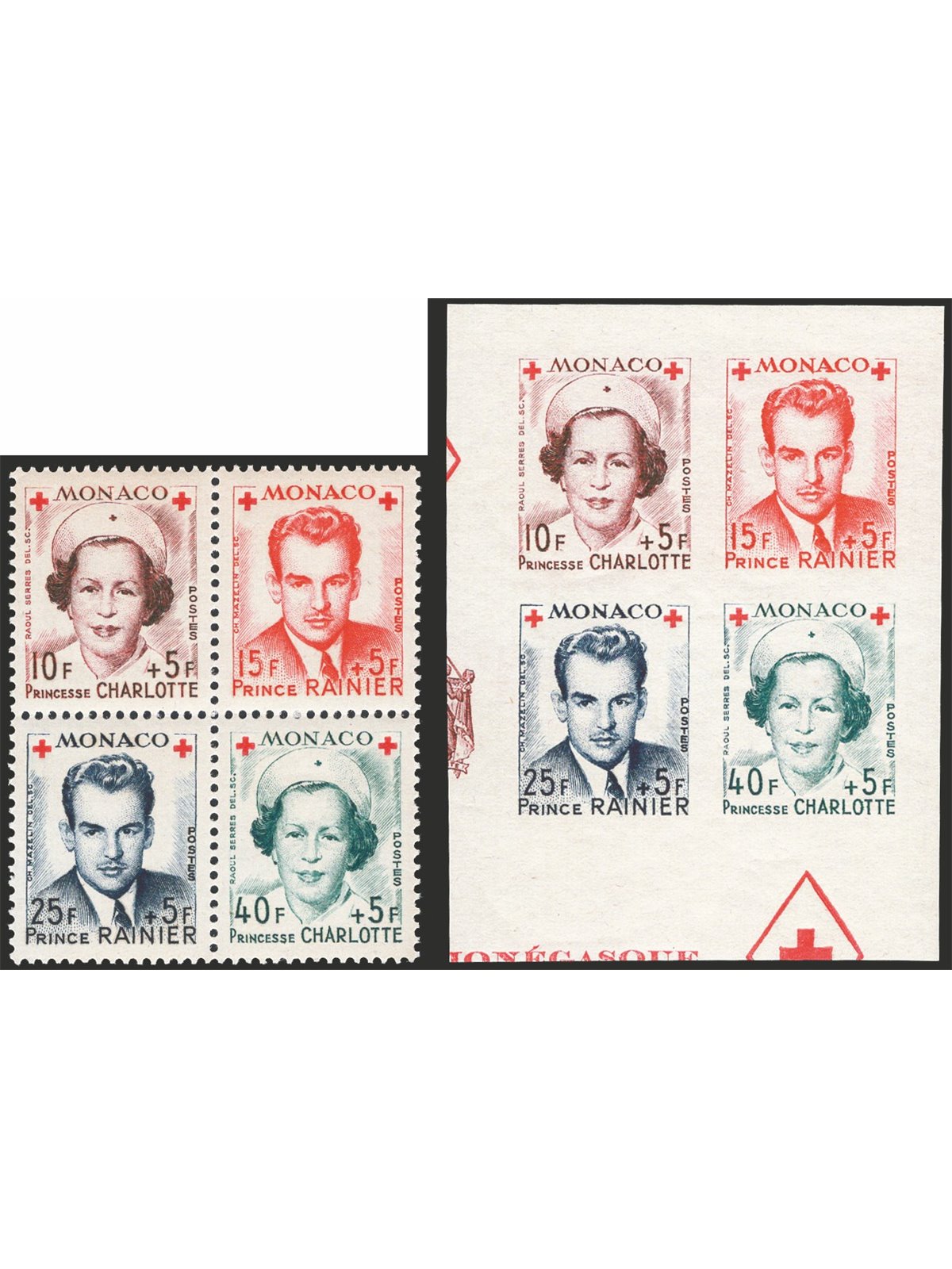 Monaco 1949 Red Cross the two blocks (perforated and imperforated) series no. 334/37 Cat. € 70 (**)