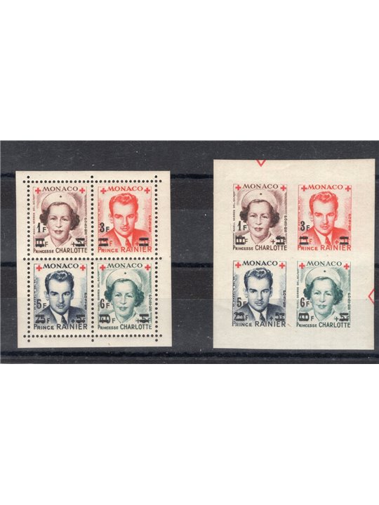 Monaco 1951 Red Cross overprint the two blocks (perforated and imperforated) no. 379/82 Cat. €75 (**)