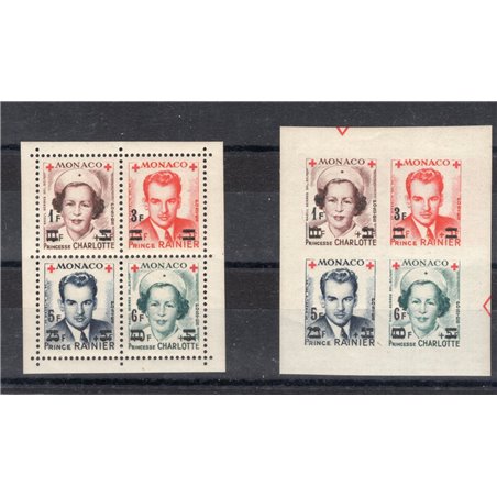 Monaco 1951 Red Cross overprint the two blocks (perforated and imperforated) no. 379/82 Cat. €75 (**)