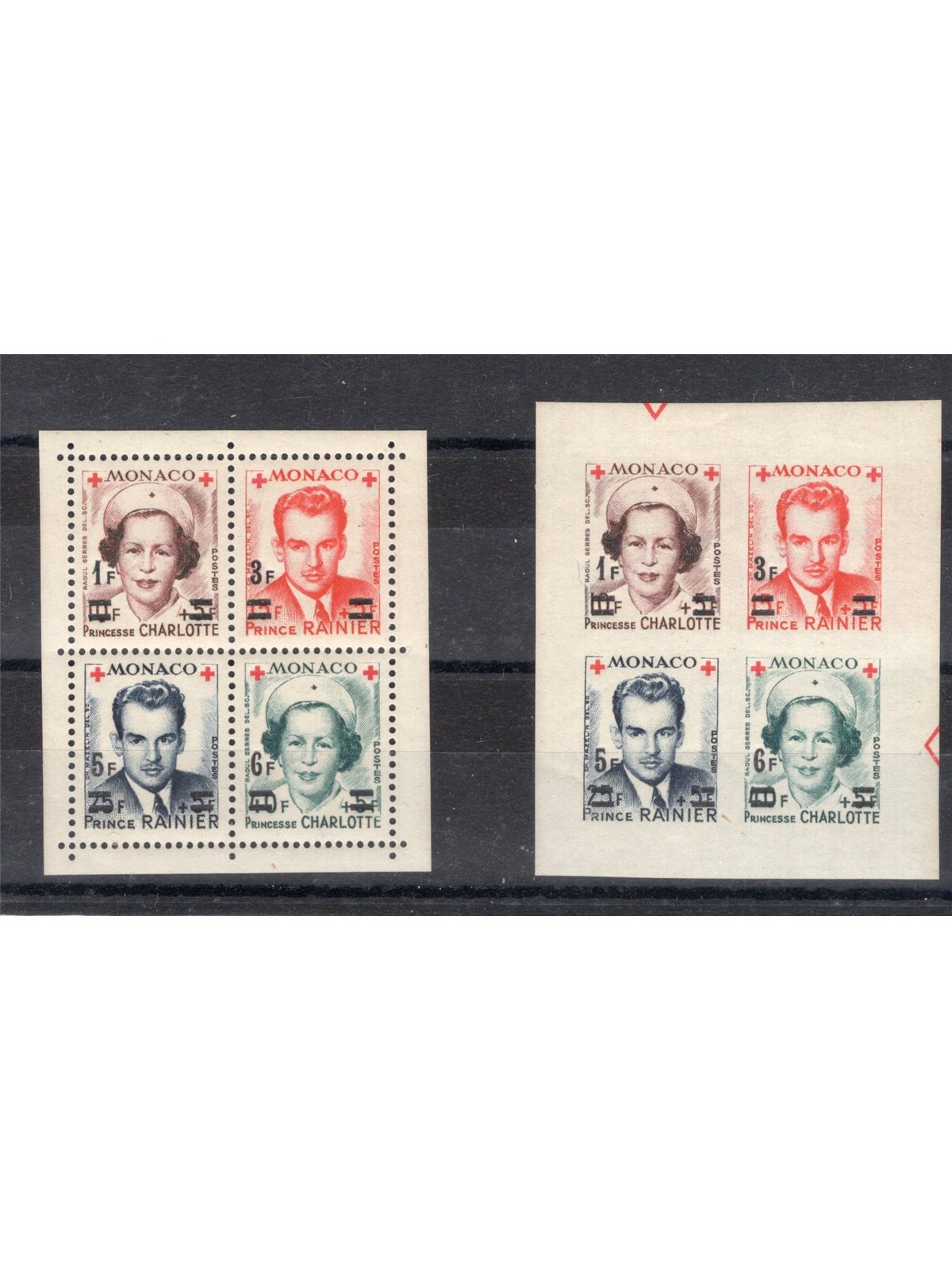 Monaco 1951 Croce Rossa soprast. i due blocchi dent. e non dent. n° 379/82 Cat. € 75 (**)
