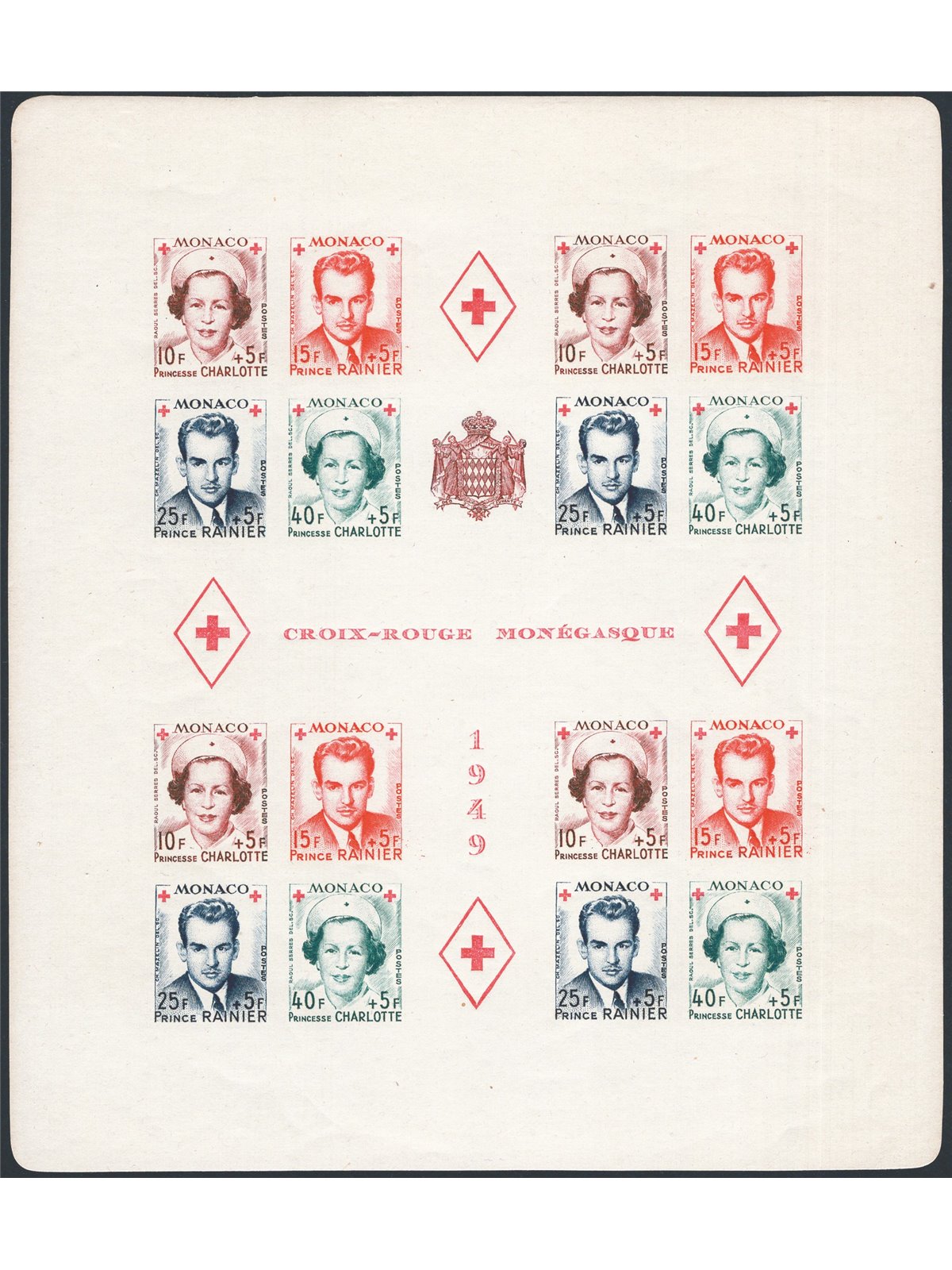 Monaco 1949 BF Red Cross the two sheets (perforated and imperforated) series no. 3A/3B. CiBaFil certificate catalogue price €990