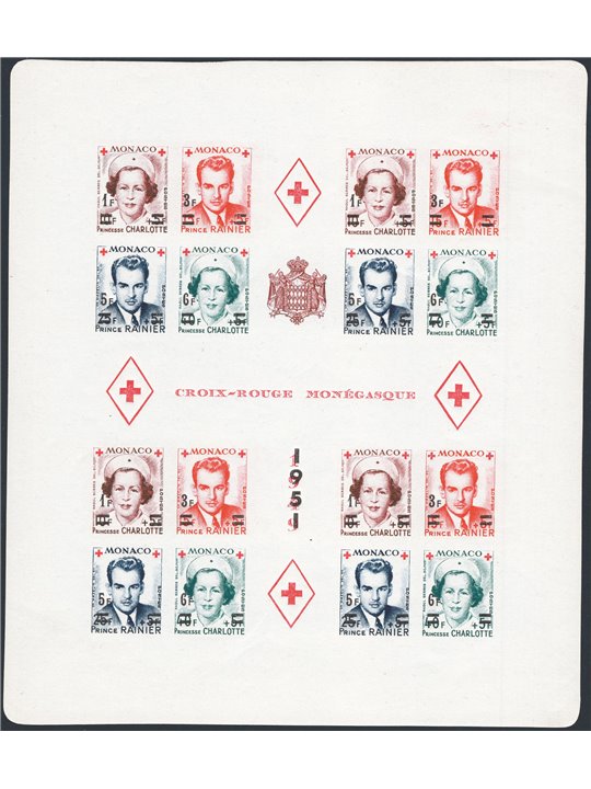 Monaco 1951 BF Croce Rossa soprast. i due foglietti dent. e non dent. serie n° 4A/4B Cert. CiBaFil Cat. € 1.060 (**)