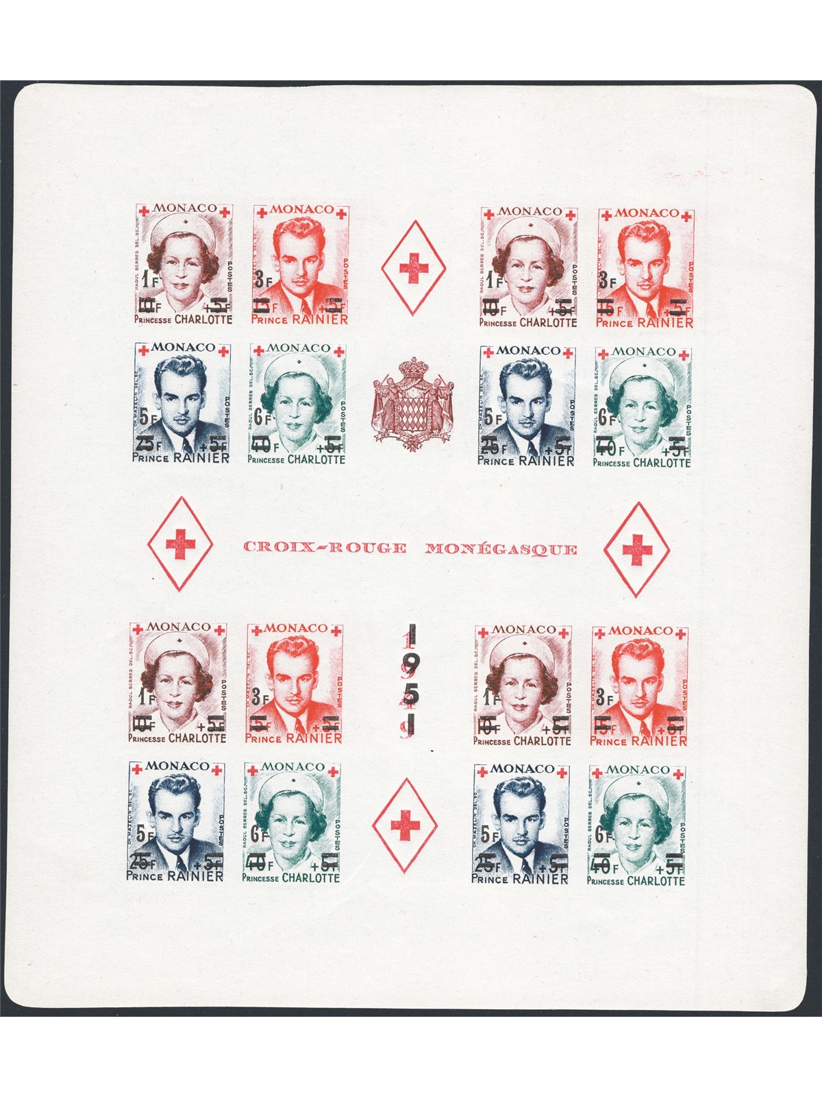 Monaco 1951 BF Red Cross overprint two sheets (perforated and imperforated) series no. 4A/4B. CiBaFil certificate Cat. €1,060 (*