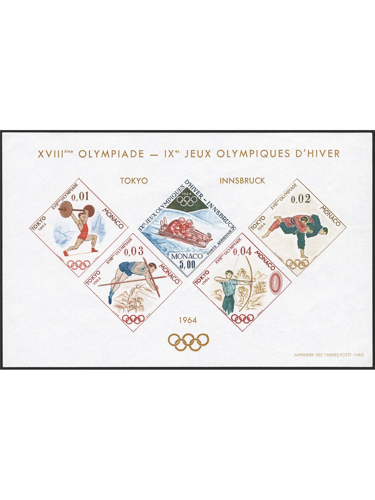 Monaco 1964 BFS Olimpiadi di Tokio il foglietto speciale n° 7 Cert. CiBaFil Cat. € 915 (**)