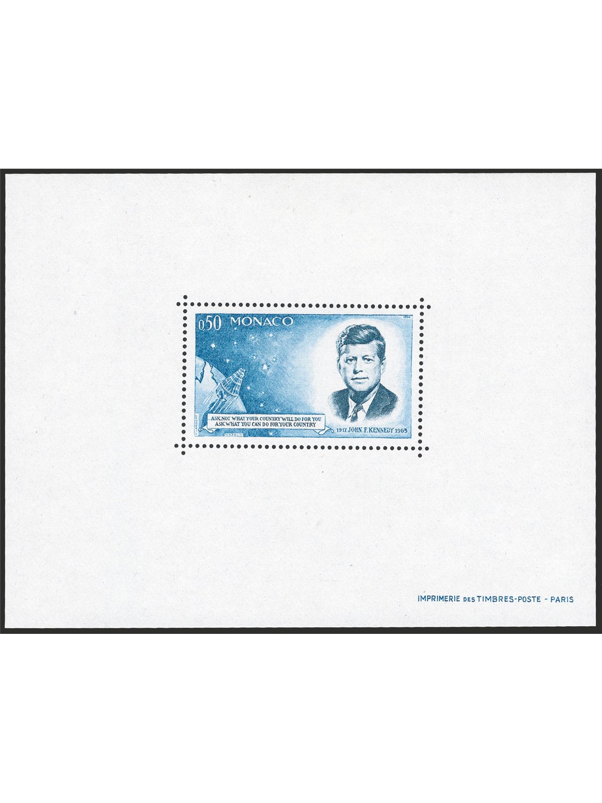Monaco 1964 BFS Anniv. della Morte di J.K. Kennedy il foglietto speciale dent. n° 8 Cert. CiBaFil Cat. € 500 (**)